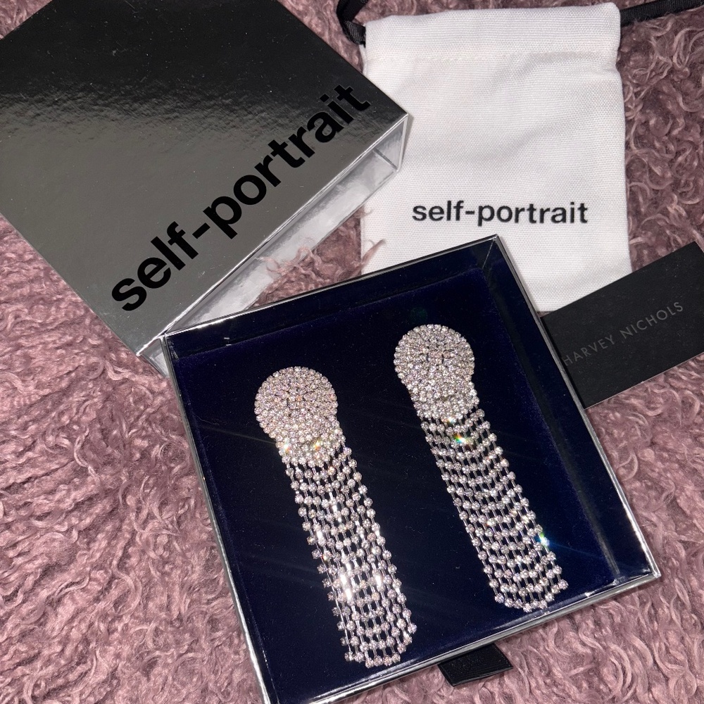 SELF-PORTRAIT Crystal-embellished fringe silver-plated drop earrings